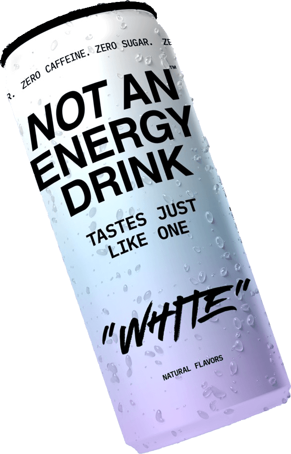 WHITE can of Not An Energy Drink, white fading to lilac, covered in condensation.